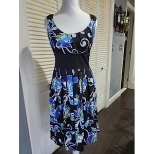 Maggy London Floral Print Dress Black Blue Green White Women's Size 8